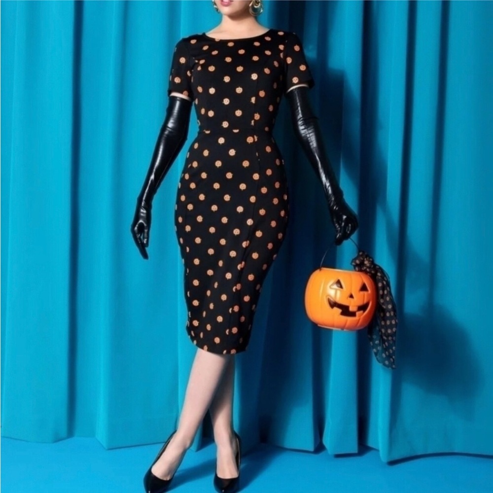 Unique Vintage Jack O’Lantern Wiggle Dress Size L Midi Pumpkin Print Sheath